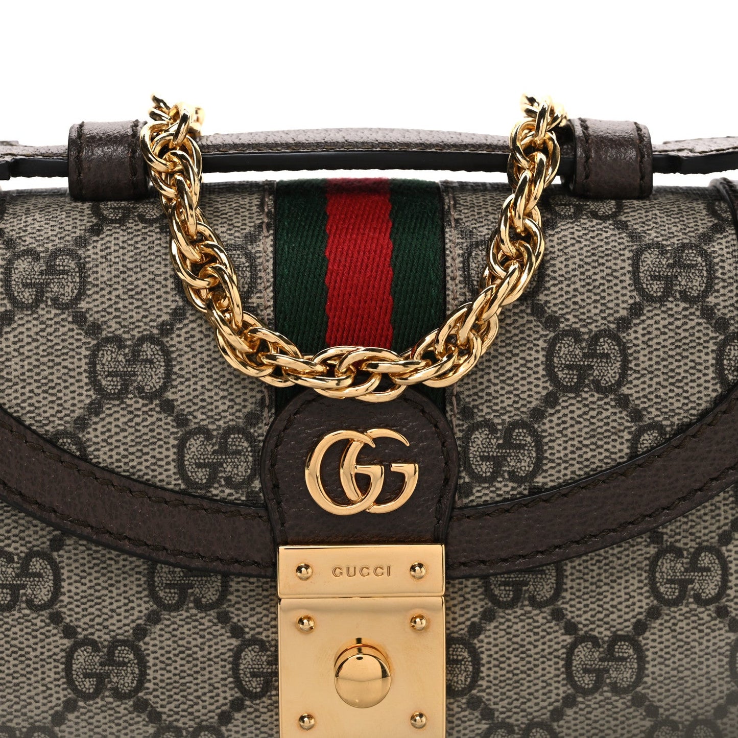 GG Supreme Monogram Textured Dollar Calfskin Web Mini Ophidia Padlock Top Handle Chain Shoulder Bag Beige Ebony New Acero