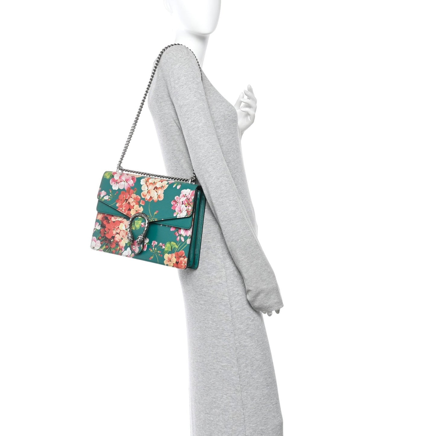 Calfskin Blooms Print Medium Dionysus Shoulder Bag Bright Emerald Multicolor