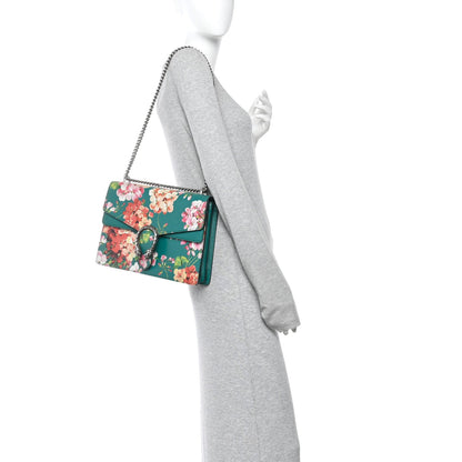 Calfskin Blooms Print Medium Dionysus Shoulder Bag Bright Emerald Multicolor
