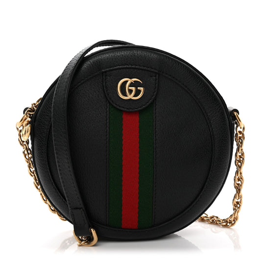 Grained Calfskin Web Mini Ophidia Round Shoulder Bag Black