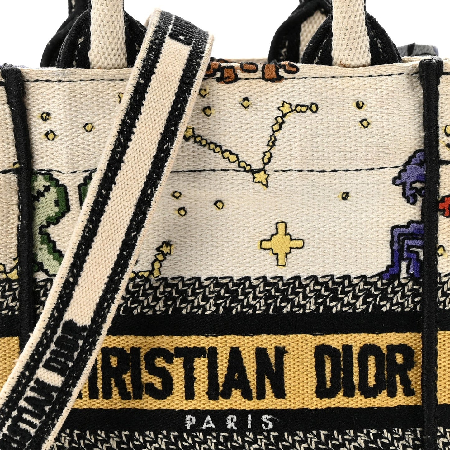 Canvas Embroidered Pixel Zodiac Mini Book Tote Phone Bag Latte Multicolor