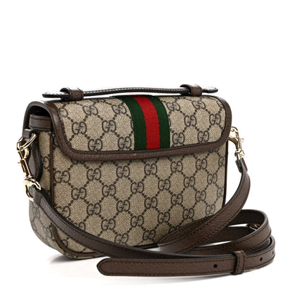 GG Supreme Monogram Textured Dollar Calfskin Small Ophidia Top Handle Shoulder Bag Beige Brown