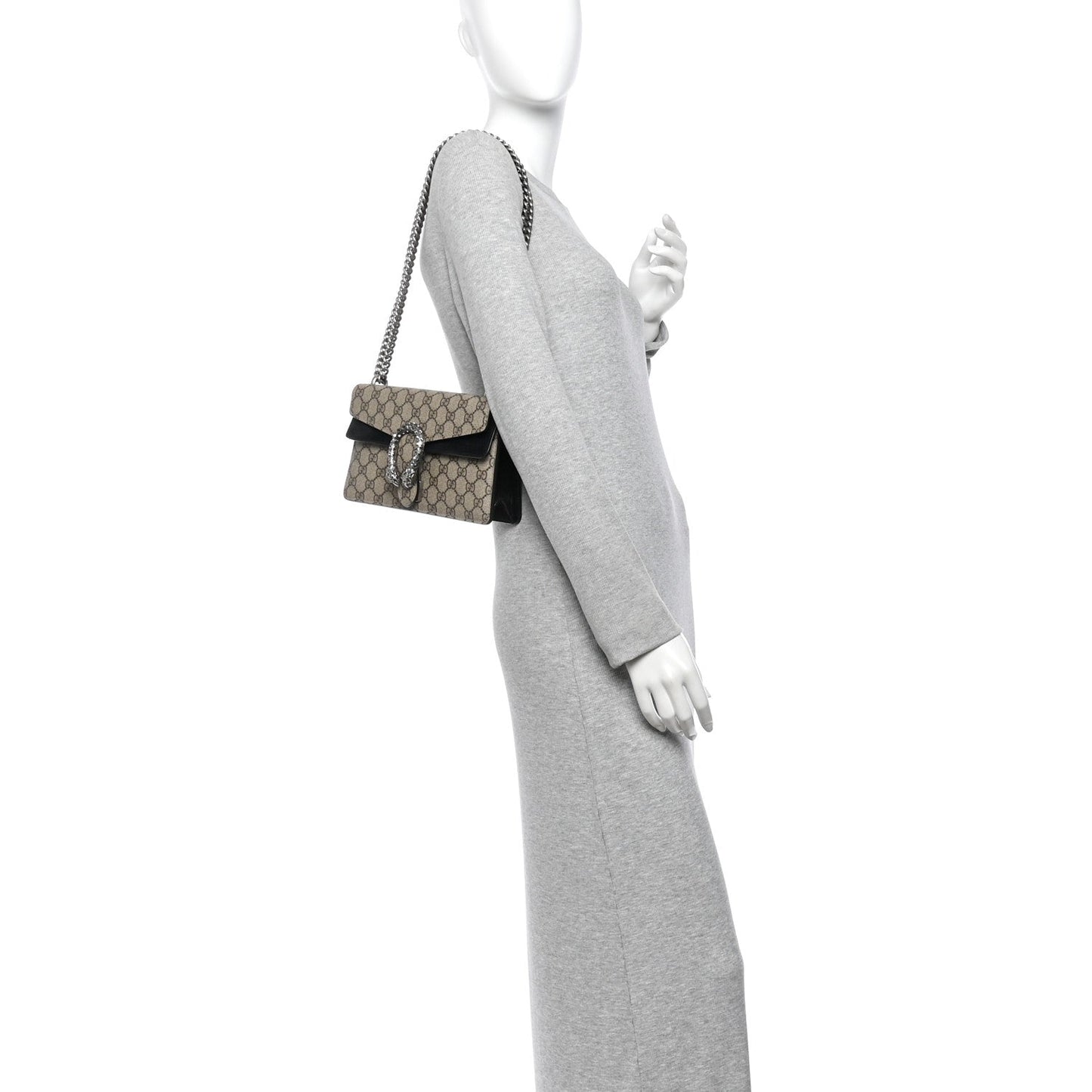 GG Supreme Monogram Suede Crystal Small Dionysus Shoulder Bag Beige Ebony Black