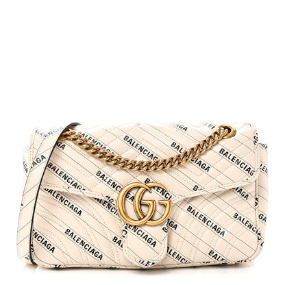 X BALENCIAGA Calfskin Matelasse Logo Print Small GG Marmont Shoulder Bag White