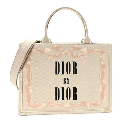 Canvas Embroidered Medium Book Tote With Strap Beige Pink Black