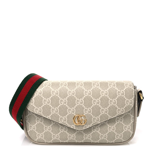GG Supreme Monogram Textured Dollar Calfskin Web Mini Ophidia Envelope Shoulder Bag Beige Mystic White Oatmeal