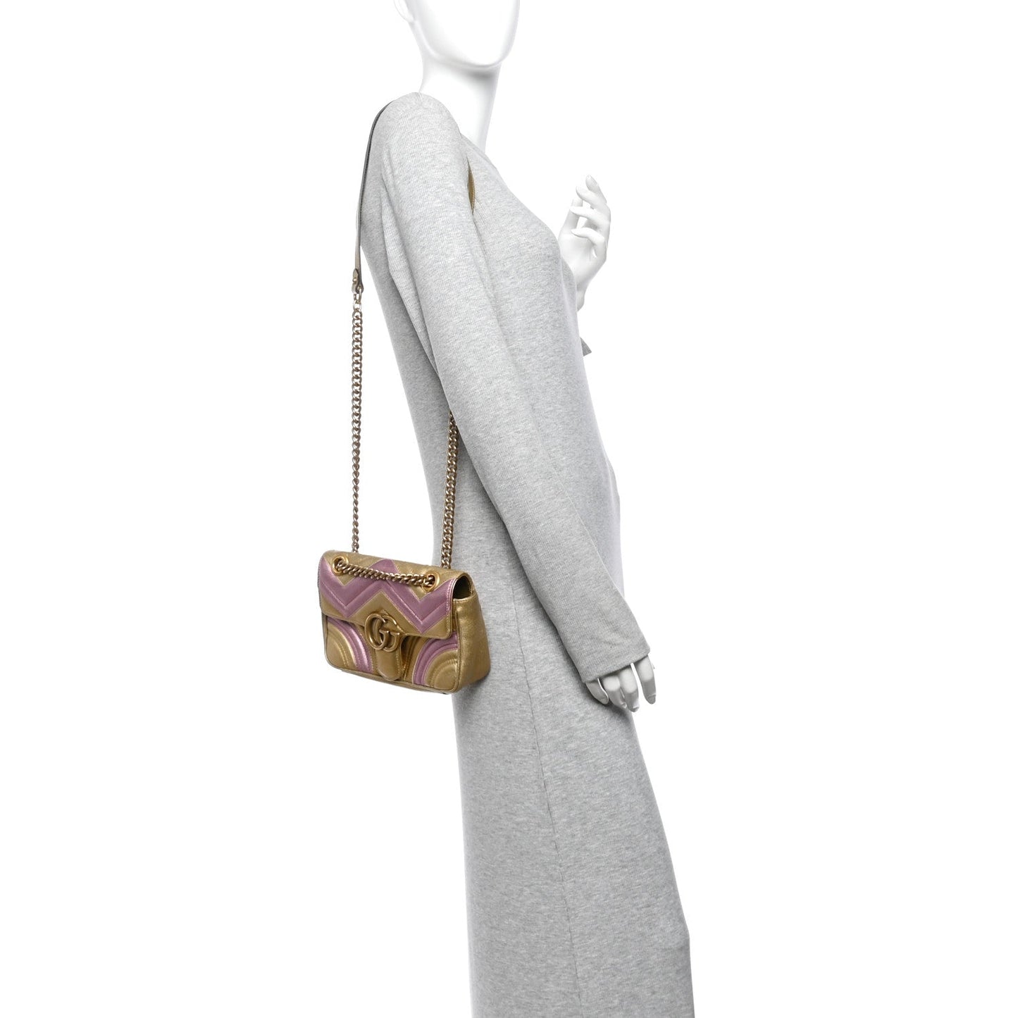 Metallic Calfskin Matelasse Mini GG Marmont Shoulder Bag Gold Pink