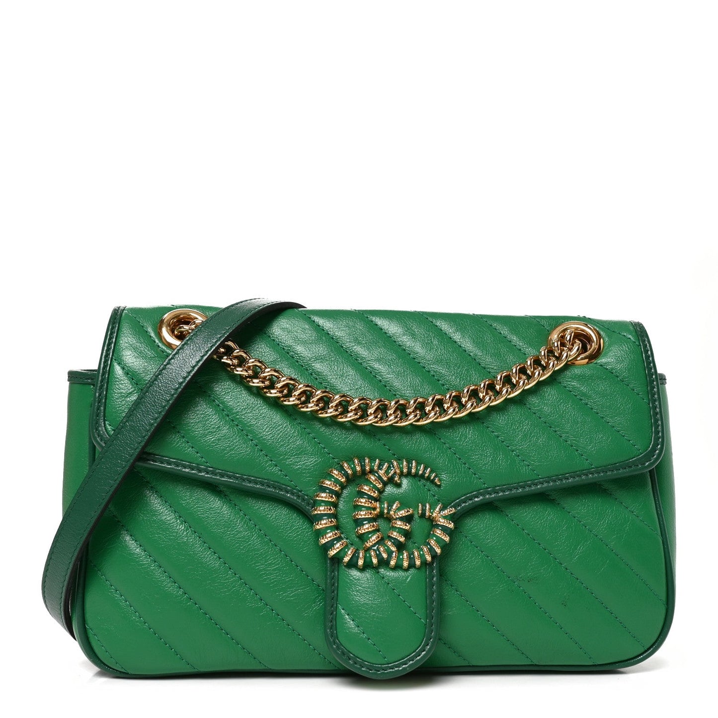Azalea Calfskin Enamel Matelasse Diagonal Small Torchon GG Marmont Shoulder Bag New Shamarock Emerald