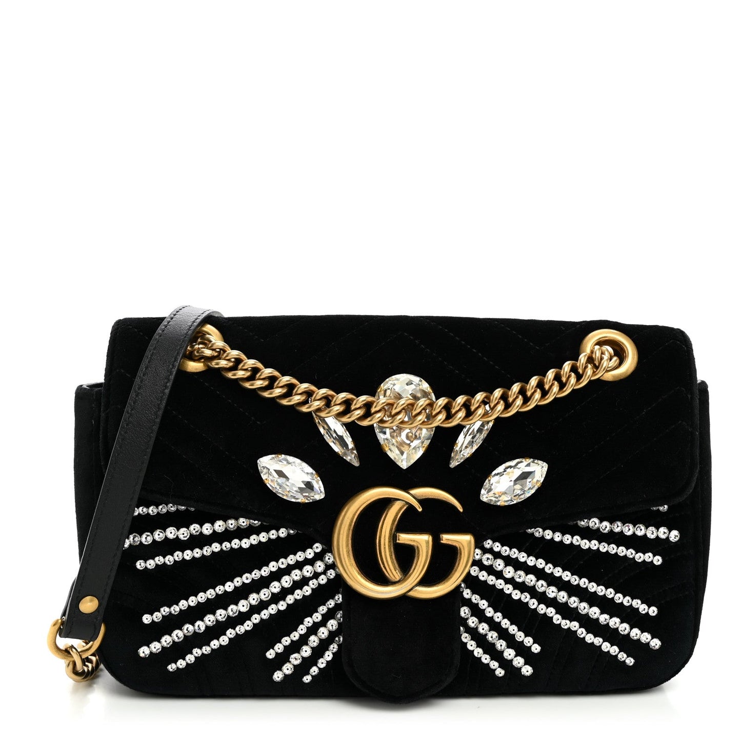 Velvet Matelasse Marquise Crystals Embroidered Small GG Marmont Shoulder Bag Black