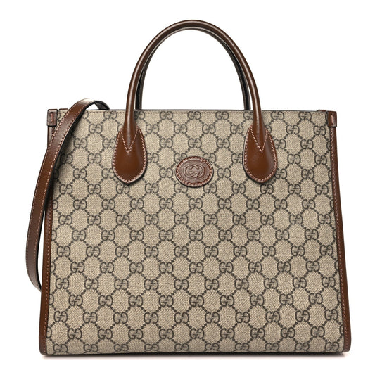 GG Supreme Monogram Azalea Calfskin Small Retro Interlocking G Tote Bag Beige Ebony Brown Sugar