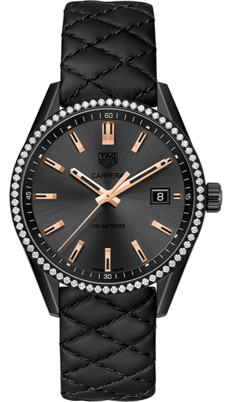 Tag Heuer Carrera Diamonds Anthracite Black Dial Black Leather Strap Watch for Women - WAR1115.FC6392