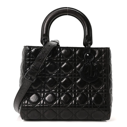 Crinkled Calfskin Cannage Medium Lady Dior Black