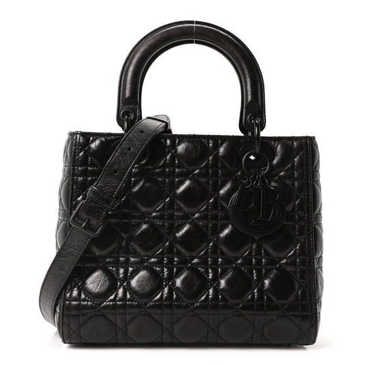 Crinkled Calfskin Cannage Medium Lady Dior Black