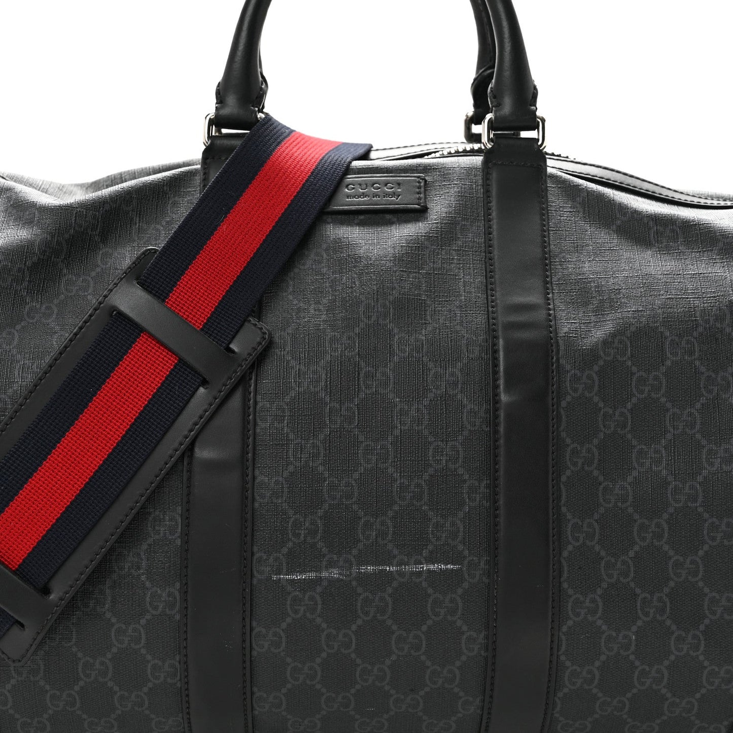 Soft GG Supreme Monogram Appia Calfskin Web Medium Carry On Duffle Bag Black Grey
