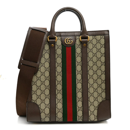 GG Supreme Monogram Textured Dollar Calfskin Web Medium Ophidia Tote Bag Beige Ebony