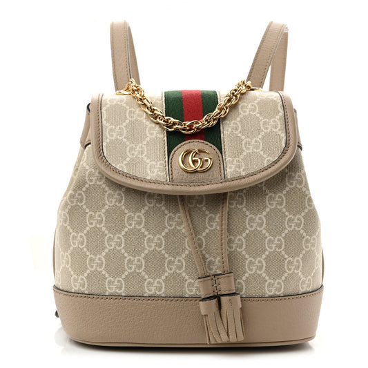 GG Supreme Monogram Textured Dollar Calfskin Web Mini Chain Drawstring Backpack Beige Mystic White Oatmeal