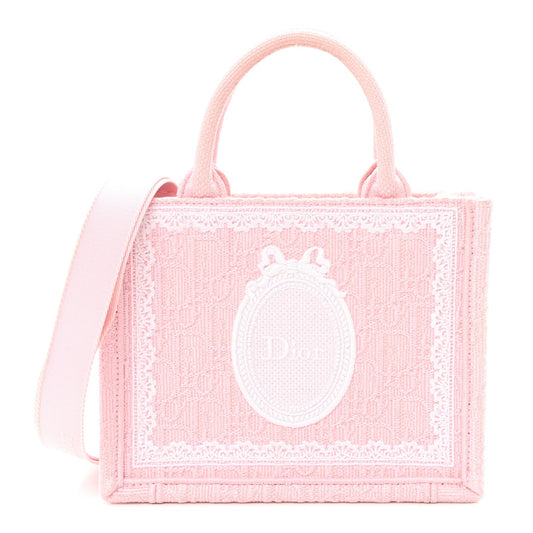 Cotton Toile De Jouy Oblique Embroidered Dior Medaillon Mini Book Tote With Strap Soupir Pink White