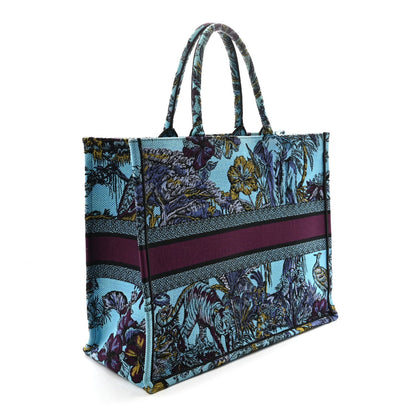 Canvas Embroidered Large Toile de Jouy Voyage Book Tote Celestial Blue