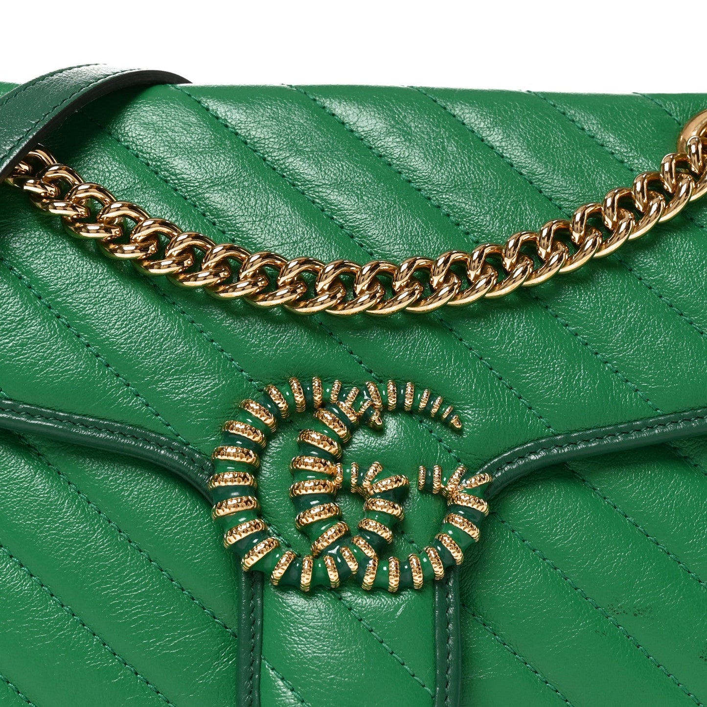 Azalea Calfskin Enamel Matelasse Diagonal Small Torchon GG Marmont Shoulder Bag New Shamarock Emerald