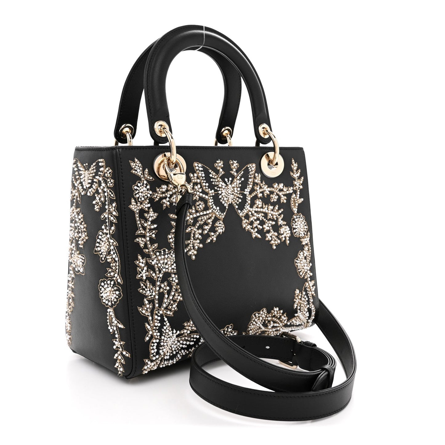 Calfskin Beaded Embroidered Ramage Butterfly Medium Lady Dior Black White Black White