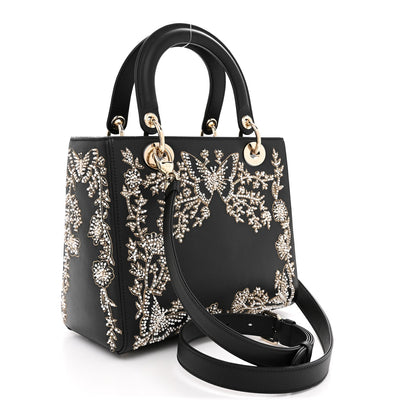 Calfskin Beaded Embroidered Ramage Butterfly Medium Lady Dior Black White Black White
