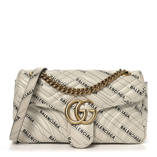 X BALENCIAGA Calfskin Matelasse Logo Print Small GG Marmont Shoulder Bag White