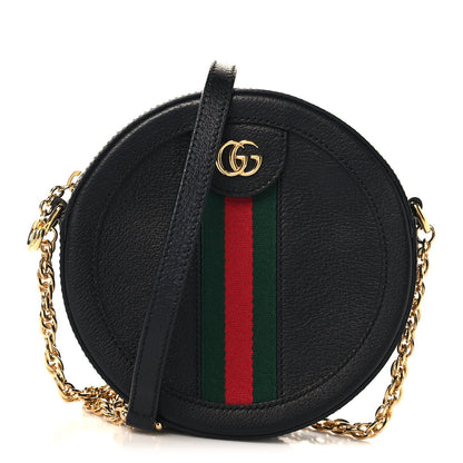 Grained Calfskin Web Mini Ophidia Round Shoulder Bag Black