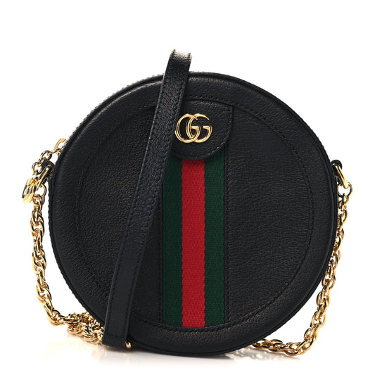 Grained Calfskin Web Mini Ophidia Round Shoulder Bag Black