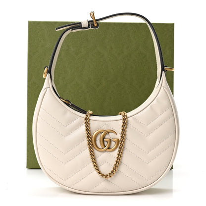 Calfskin Matelasse Chevron Mini GG Marmont Half Moon Hobo Mystic White