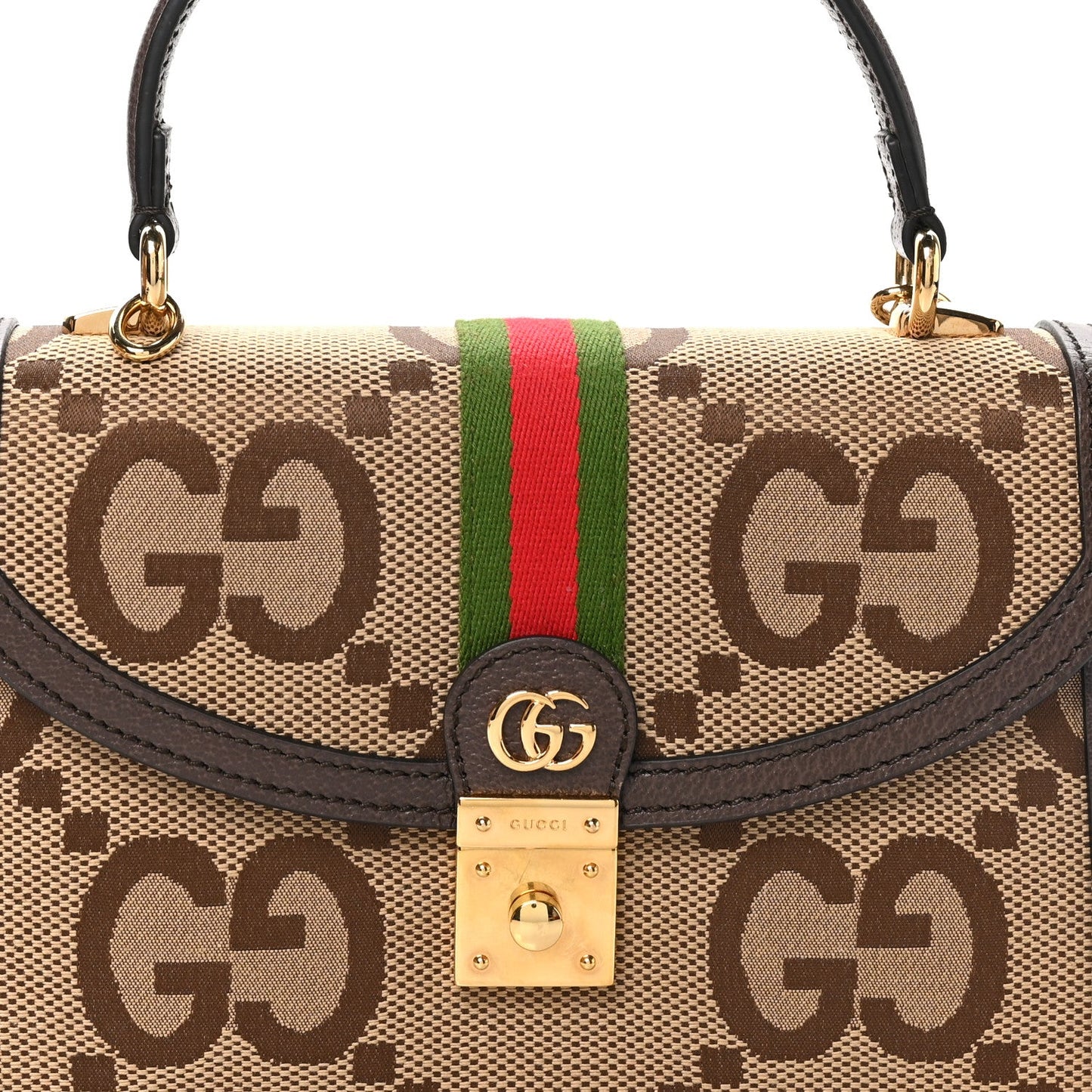 Monogram Jumbo GG Textured Dollar Calfskin Web Small Ophidia Padlock Top Handle Bag Camel Ebony New Acero