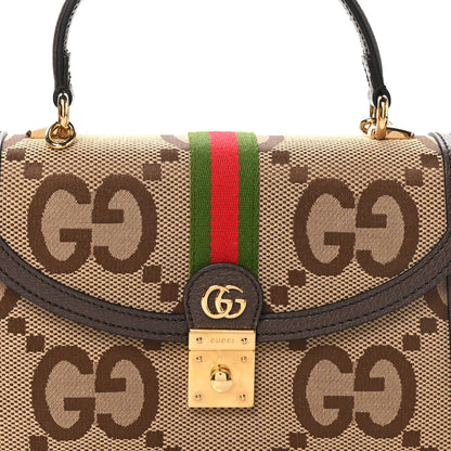 Monogram Jumbo GG Textured Dollar Calfskin Web Small Ophidia Padlock Top Handle Bag Camel Ebony New Acero