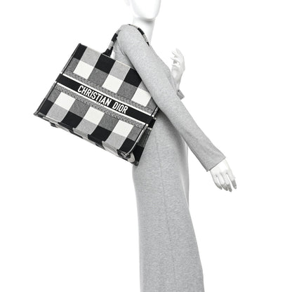 Canvas Embroidered Large Checkered Book Tote Black White