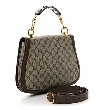 GG Supreme Monogram Textured Dollar Calfskin Web Medium Blondie Top Handle Shoulder Flap Bag Beige Ebony New Acero
