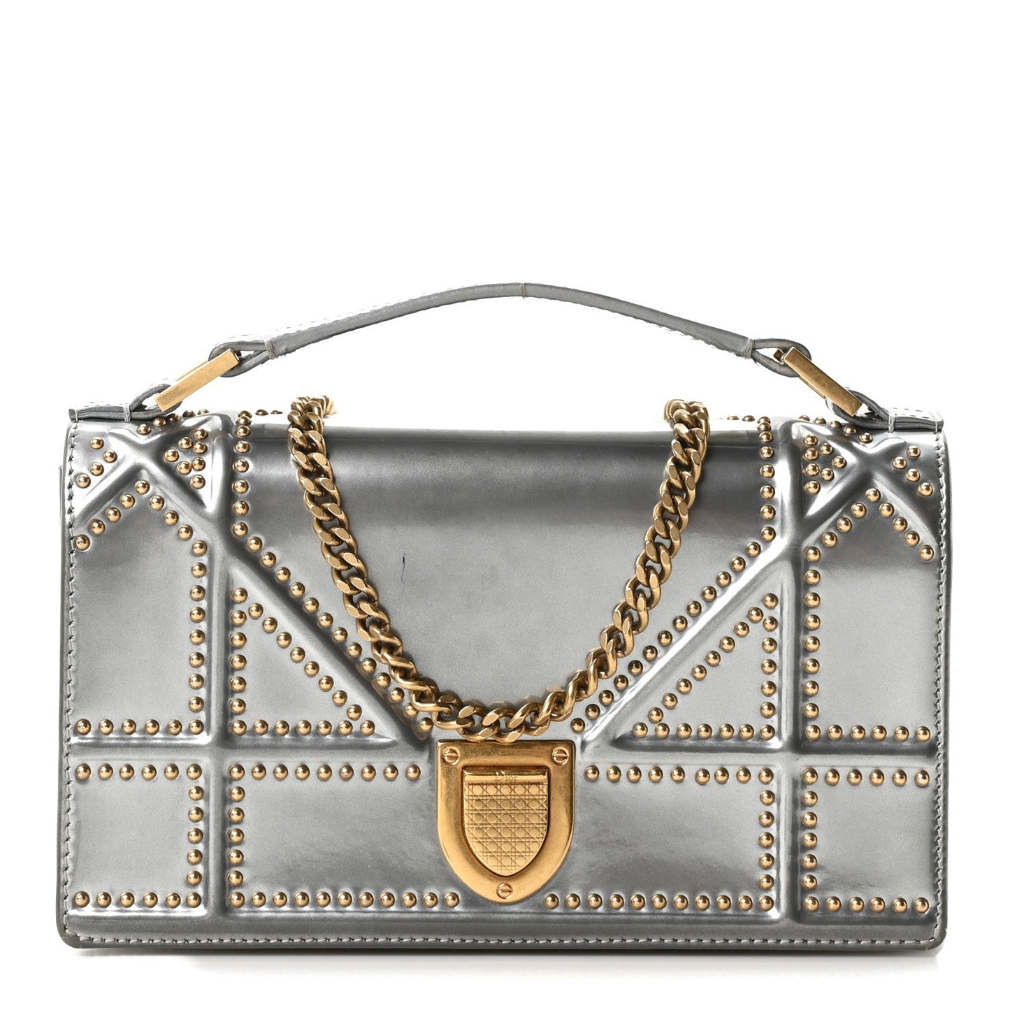 Metallic Patent Studded Diorama Top Handle Wallet on Chain Pouch Silver