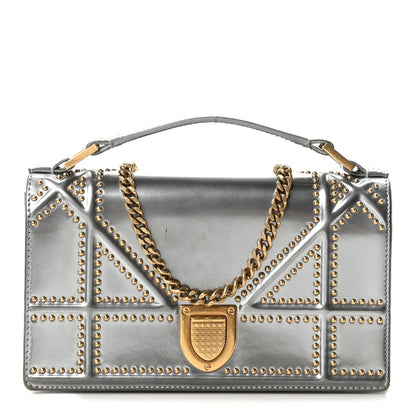 Metallic Patent Studded Diorama Top Handle Wallet on Chain Pouch Silver