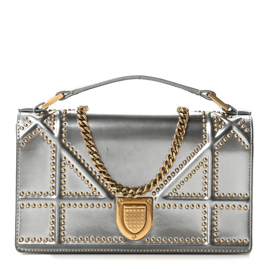 Metallic Patent Studded Diorama Top Handle Wallet on Chain Pouch Silver