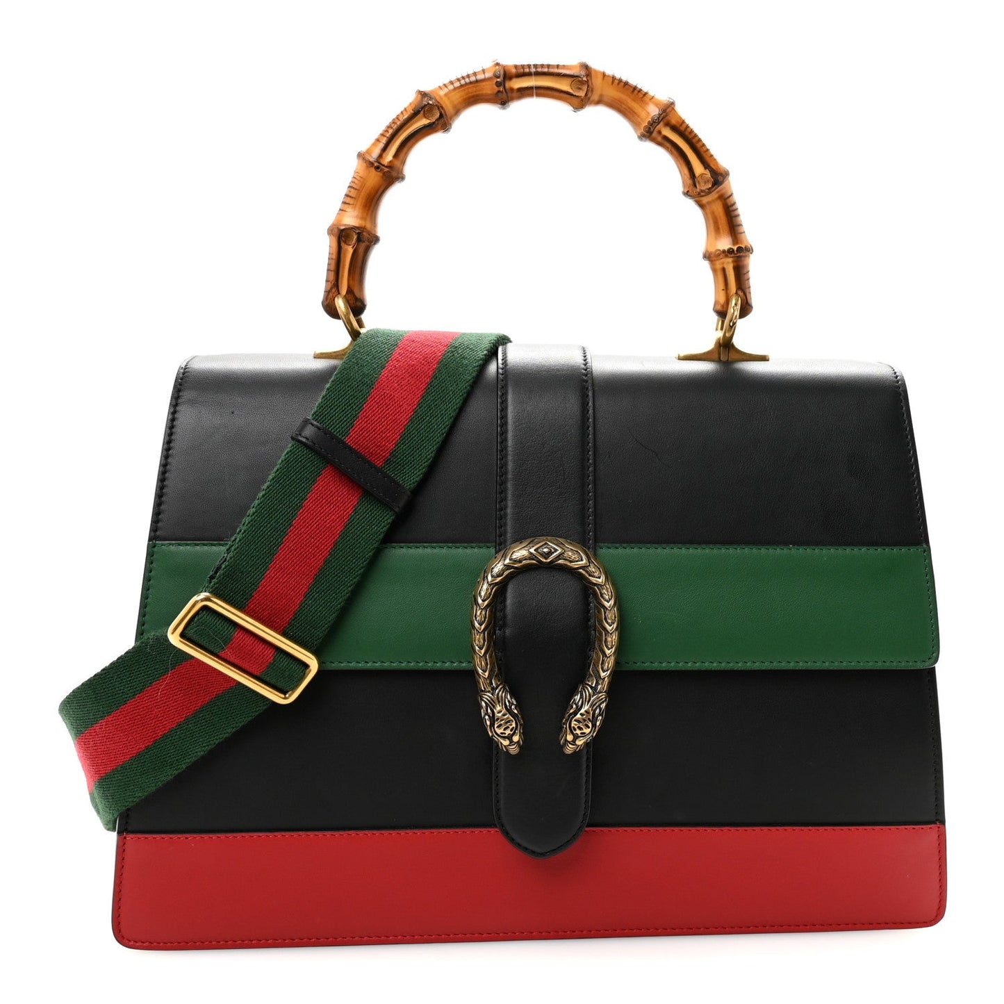 Calfskin Bamboo Web Large Dionysus Top Handle Bag Black Bright Evergreen Hibiscus Red