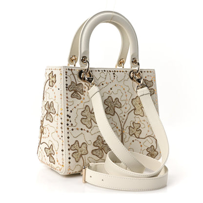 Smooth Calfskin Sequin Embroidered Clover Medium Lady Dior White