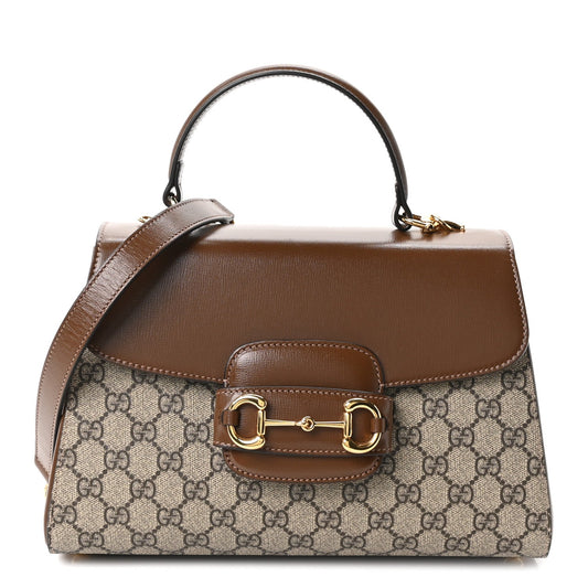 GG Supreme Monogram Calfskin Medium Horsebit 1955 Top Handle Bag Beige Ebony Brown Sugar