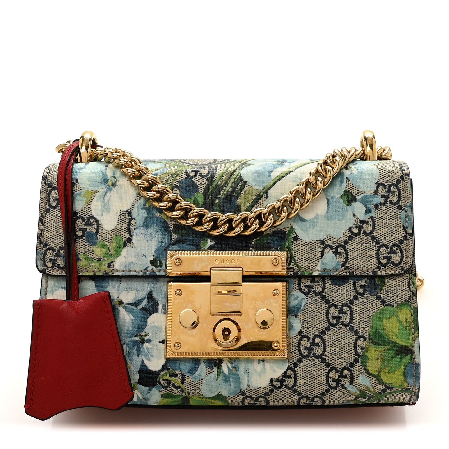 GG Supreme Monogram Blooms Small Padlock Shoulder Bag Beige Blue Navy Hibiscus Red