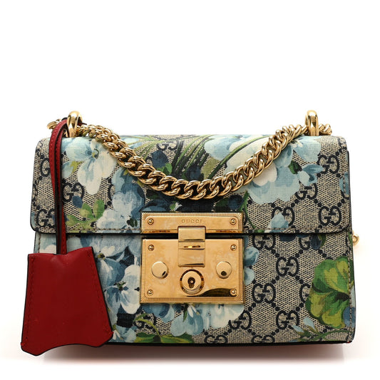 GG Supreme Monogram Blooms Small Padlock Shoulder Bag Beige Blue Navy Hibiscus Red