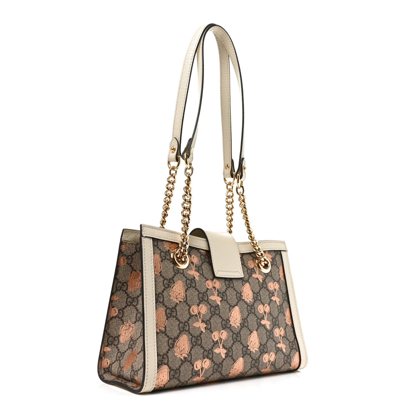 GG Supreme Monogram Berry Textured Dollar Calfskin Small Padlock Tote Beige Ebony Light Copper Mystic White