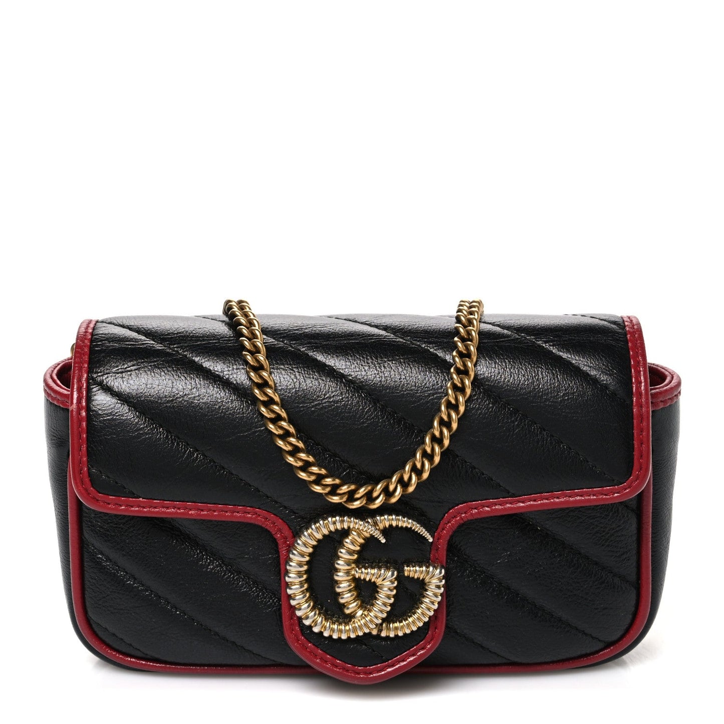 Vintage Effect Calfskin Matelasse Diagonal Super Mini Torchon GG Marmont Shoulder Bag Black Romantic Cherry