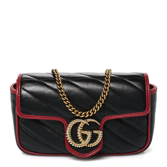 Vintage Effect Calfskin Matelasse Diagonal Super Mini Torchon GG Marmont Shoulder Bag Black Romantic Cherry
