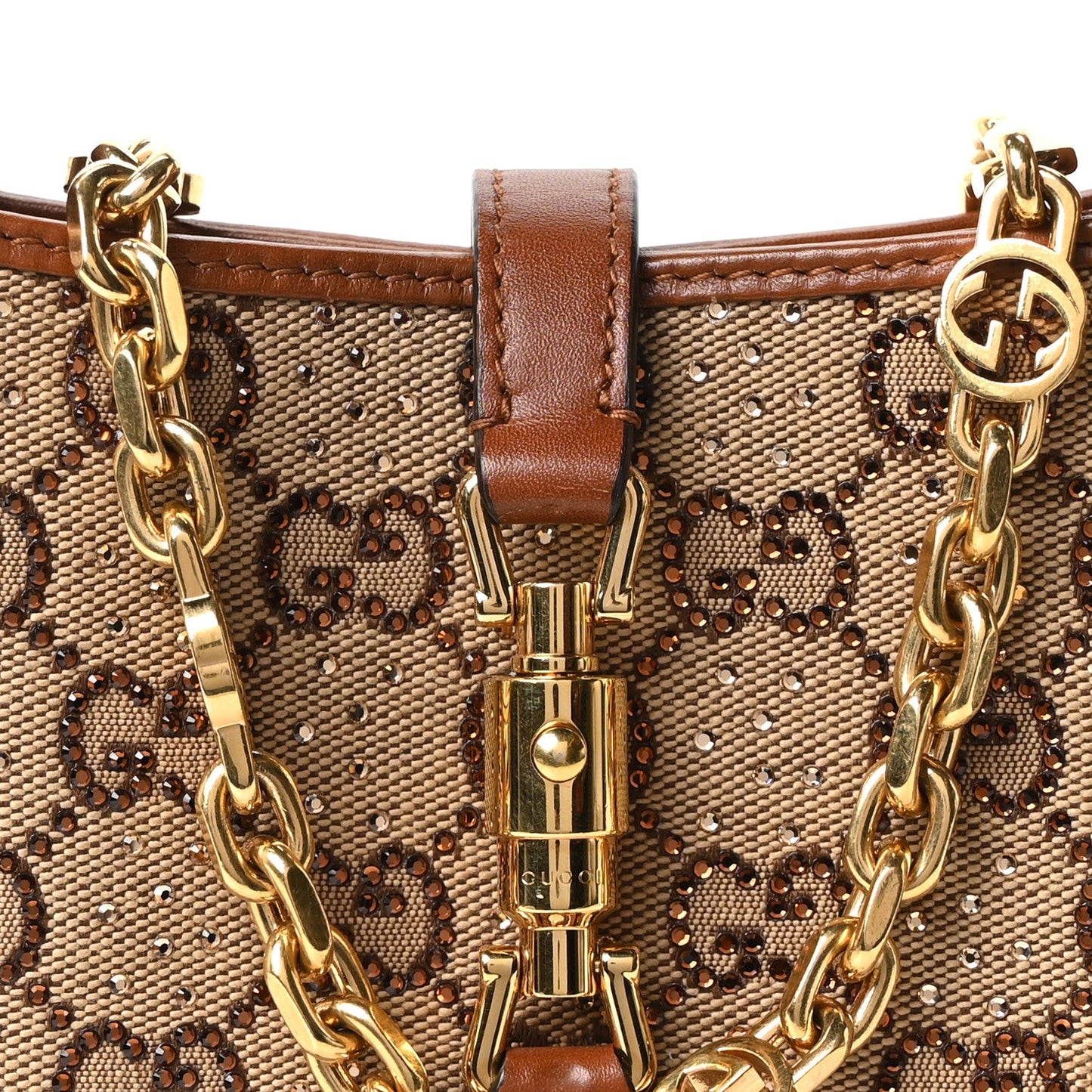 New Canvas Charisma Calfskin Crystal GG Monogram Mini Jackie 1961 Hobo Camel Ebony