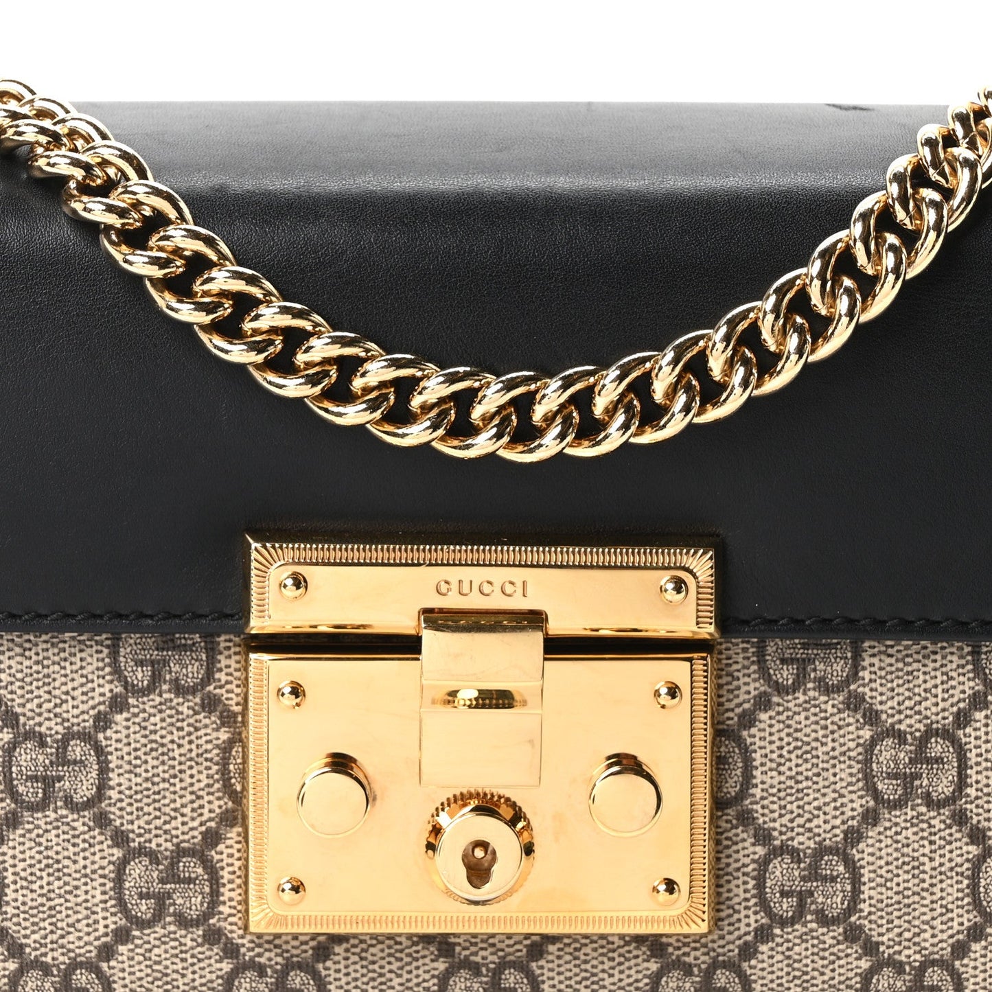 GG Supreme Monogram Calfskin Small Padlock Shoulder Bag Beige Black Cuir