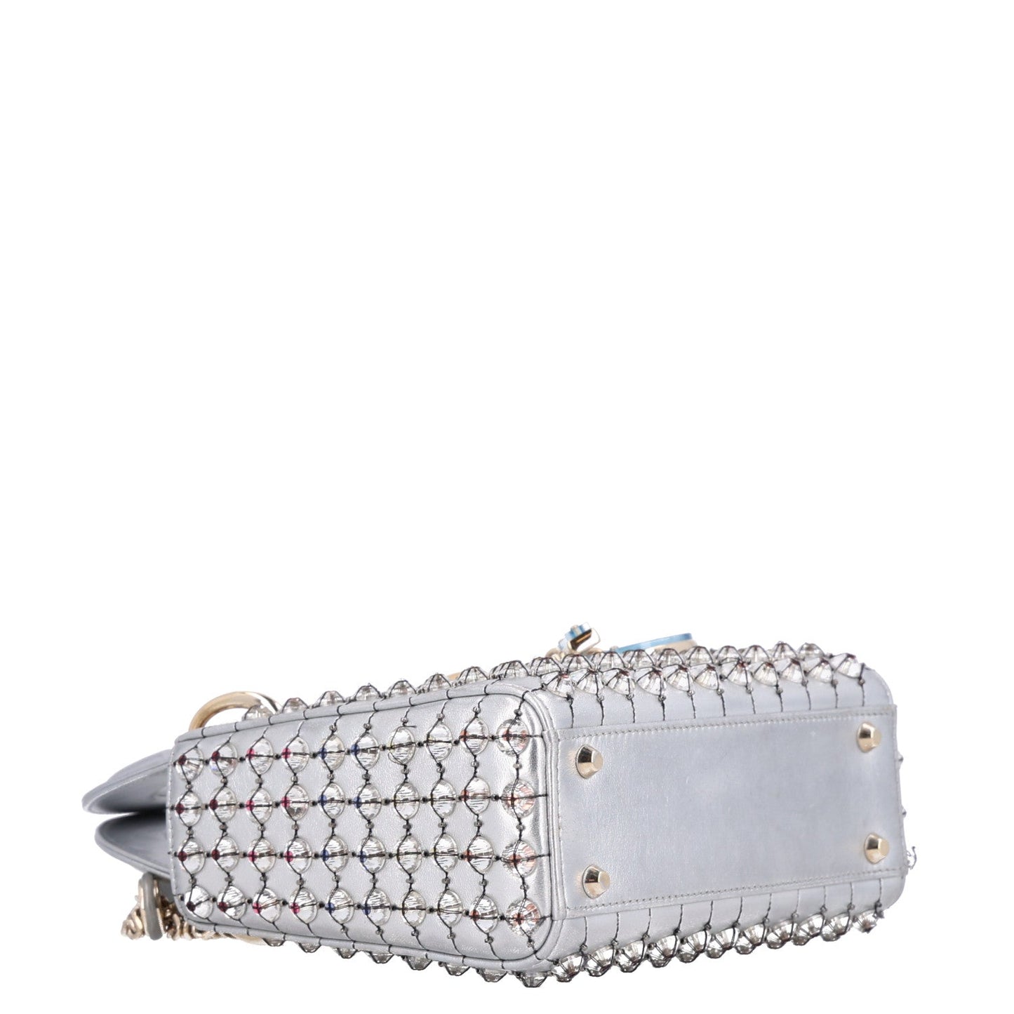 Metallic Calfskin Satin Celestial Bead Embroidery Cannage Mini Lady Dior Silver