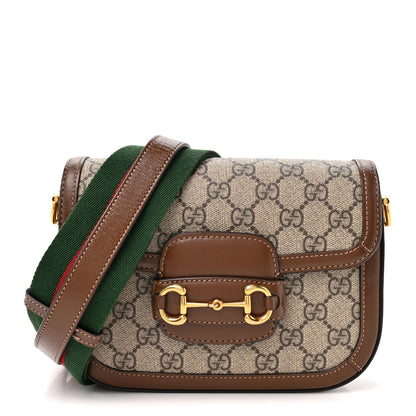 GG Supreme Monogram Azalea Calfskin Web Mini Horsebit 1955 Shoulder Bag Beige Ebony Brown Sugar