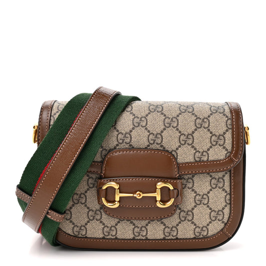GG Supreme Monogram Azalea Calfskin Web Mini Horsebit 1955 Shoulder Bag Beige Ebony Brown Sugar
