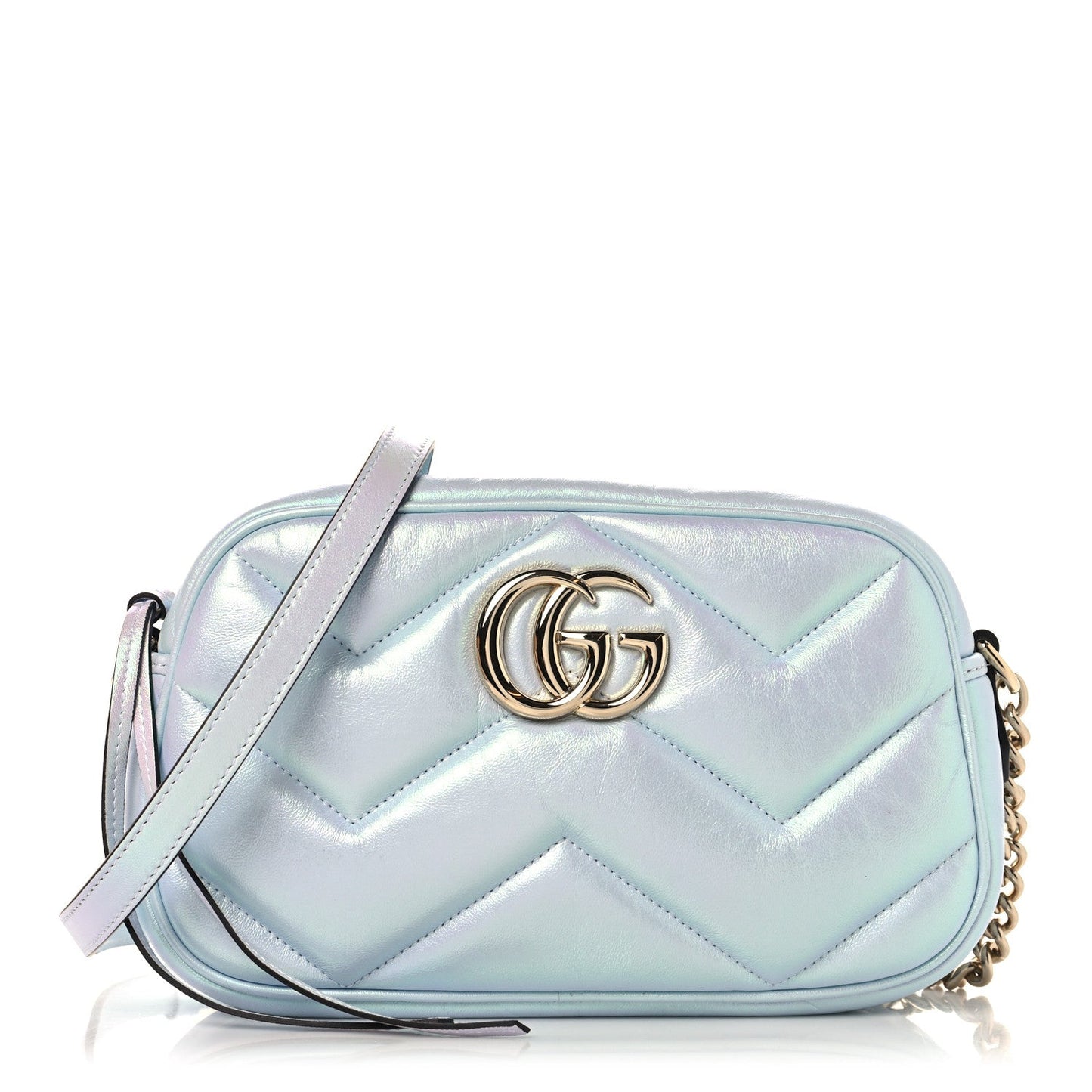 Iridescent Nappa Chevron Matelasse Small GG Marmont Chain Shoulder Bag Iridescent Snow Light Blue